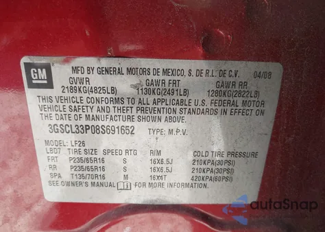 2008 Saturn Vue Xe z USA, uszkodzony, nr VIN 3GSCL33P08S691652